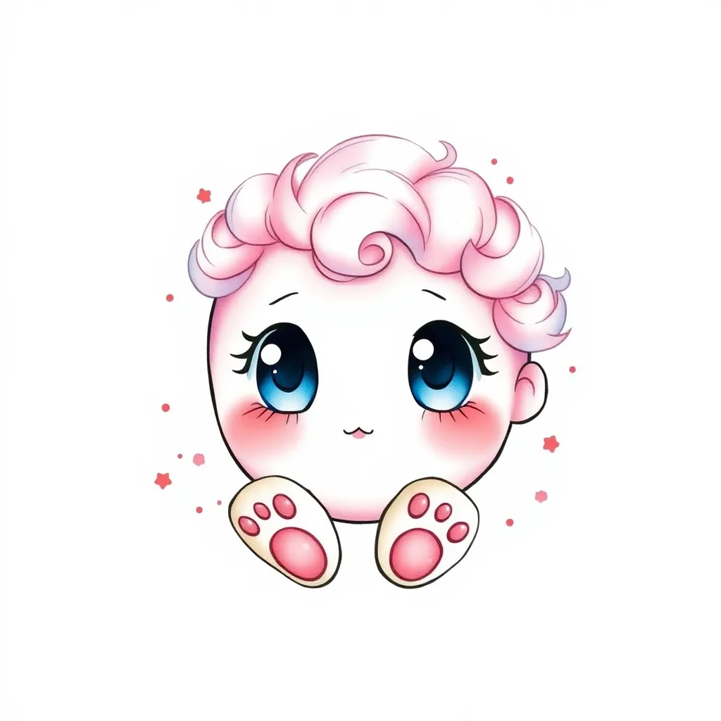 Cute kawaii anime character in the shape of a ball, pink, big blue eyes, curly hair, short arms, big round feet tetování