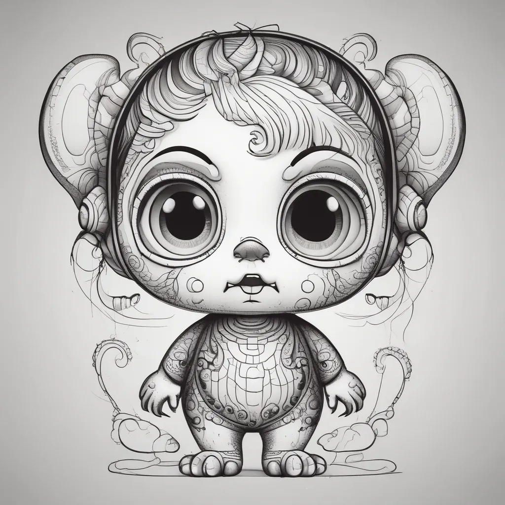 cute little big eyed girl monster, black and white tatoeage