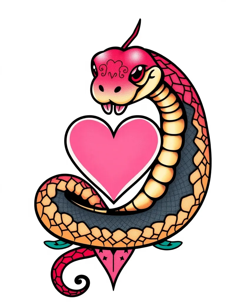 cute snake around a small pink heart tattoo