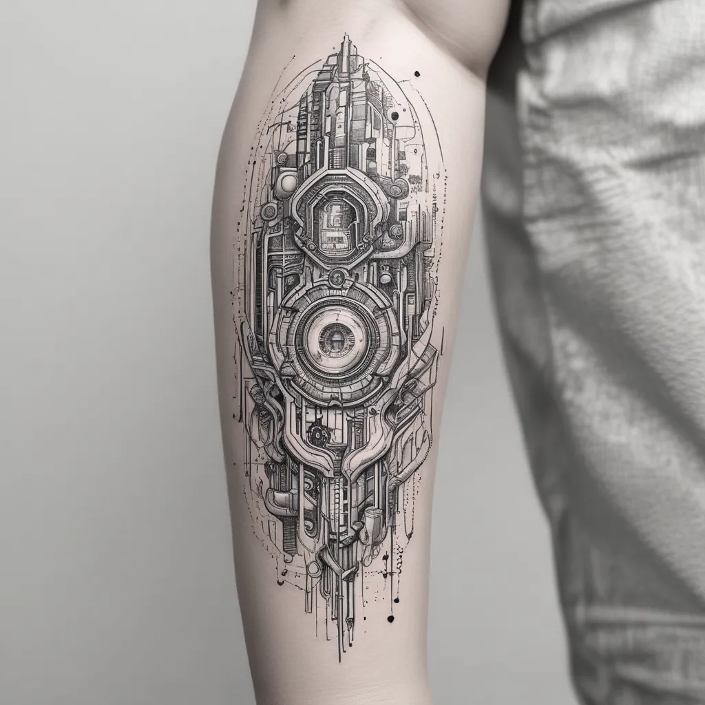 Cyberpunk-styled tattoo with different technological lines  टैटू