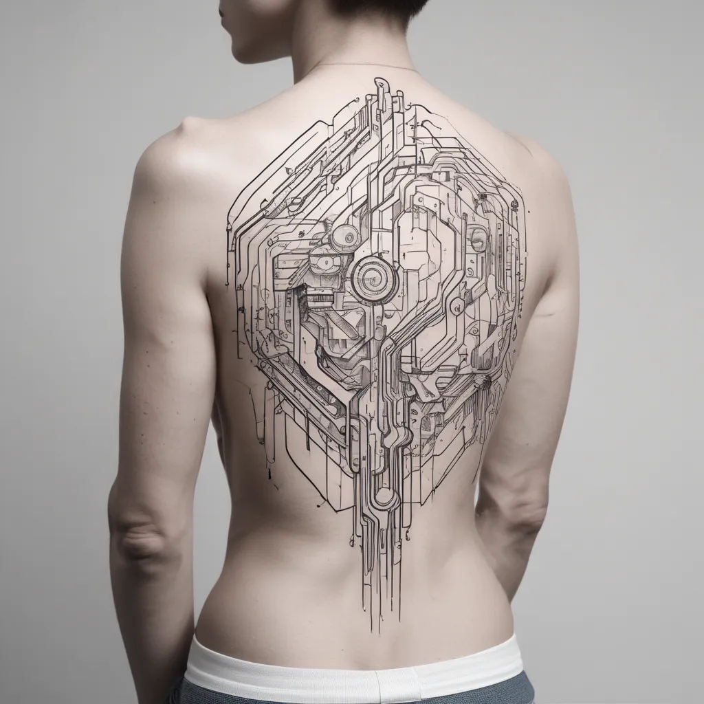 Cyberpunk-styled tattoo with different technological lines  tatuaż