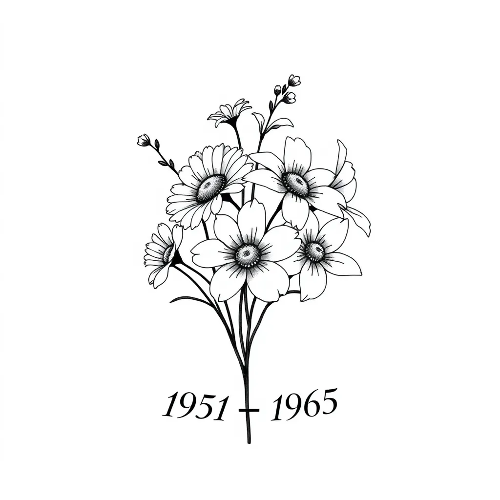 Gänseblümchen und Rittersporn in einem filigranen Blumenstrauß mit den Geburtsjahren 1961 und 1965 tattoo