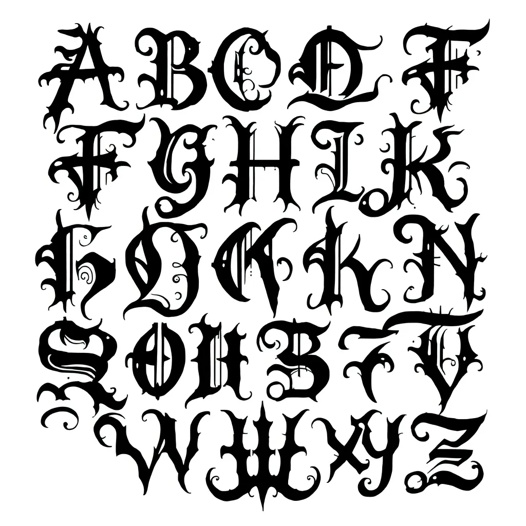 Dark, abstract alphabet in a gothic and surreal calligraphy style. Each letter designed with a haunting, shadowy aesthetic, sharp curves, distorted forms, and eerie elegance. Full A-Z uppercase set, inspired by dark fantasy and occult symbolism. Ideal for use in tattoos or metal band logos. tatuaje