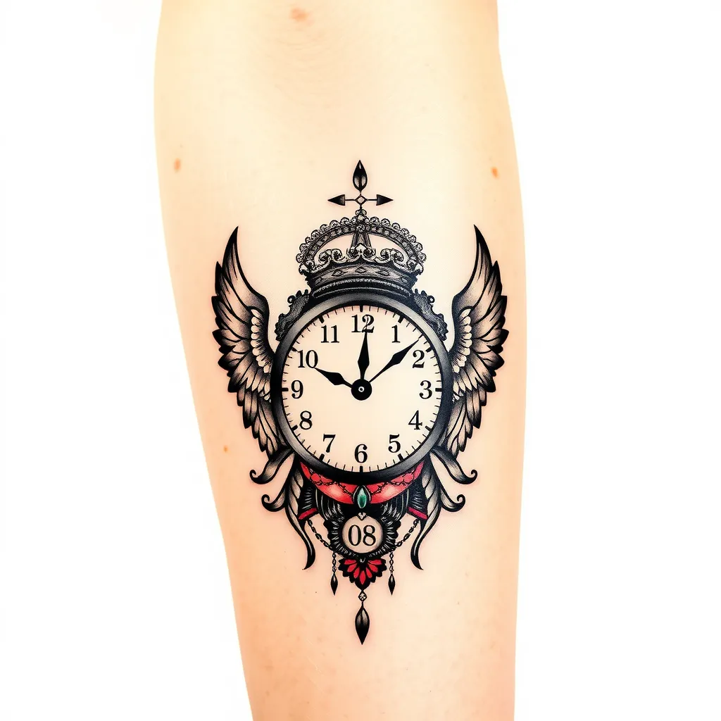 左大臂花臂暗黑欧美风格纹身，黑色为主，两个男性小天使，加上天秤座，美金，家人英文，时间，然后那个时间，那个指针，在2.08分，天使身上拿着对应的数字，天使1：CCZ,2017.11.22，天使2：CCX,2020.04.03， τατουάζ