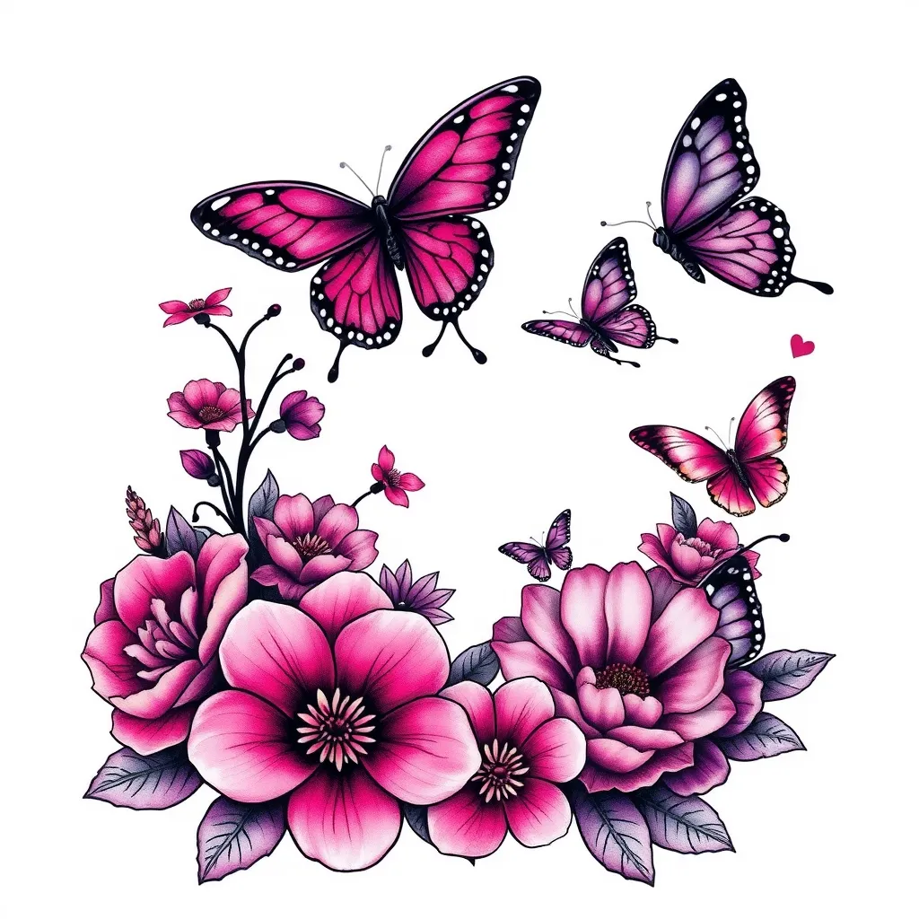 Dark purple and pink,love, flowers and butterflies tatuaggio