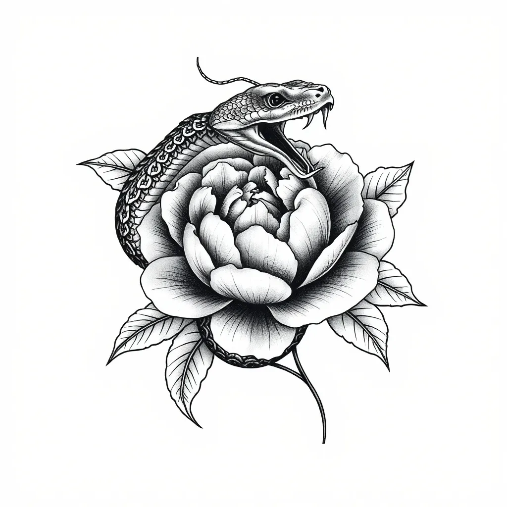 暗黑风格 蛇缠绕着牡丹花 蛇的嘴巴张开 形态比较凶狠 tatuering