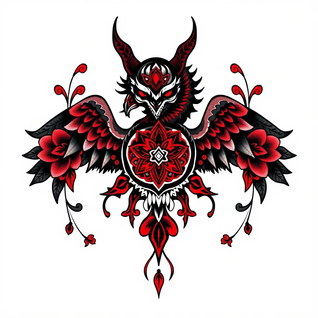 暗黑纹身，黑红配色，以不规则图案为载体，在其周围添加修饰 入れ墨