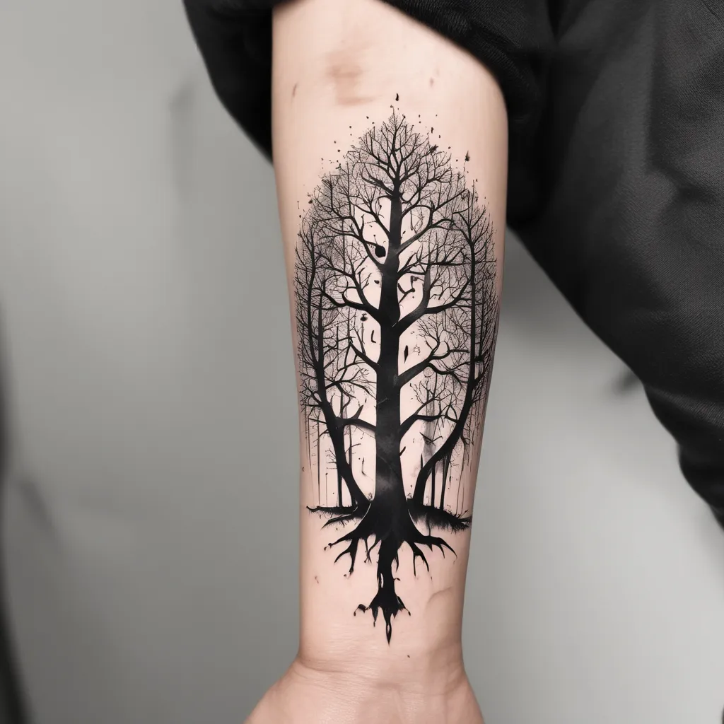 dark trees on lower arm tattoo