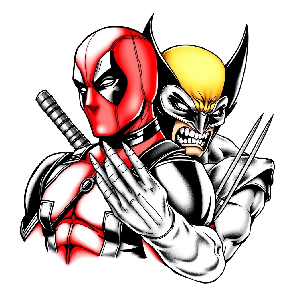 Deadpool und wolverine, sxhwarz und weiß tatuaż