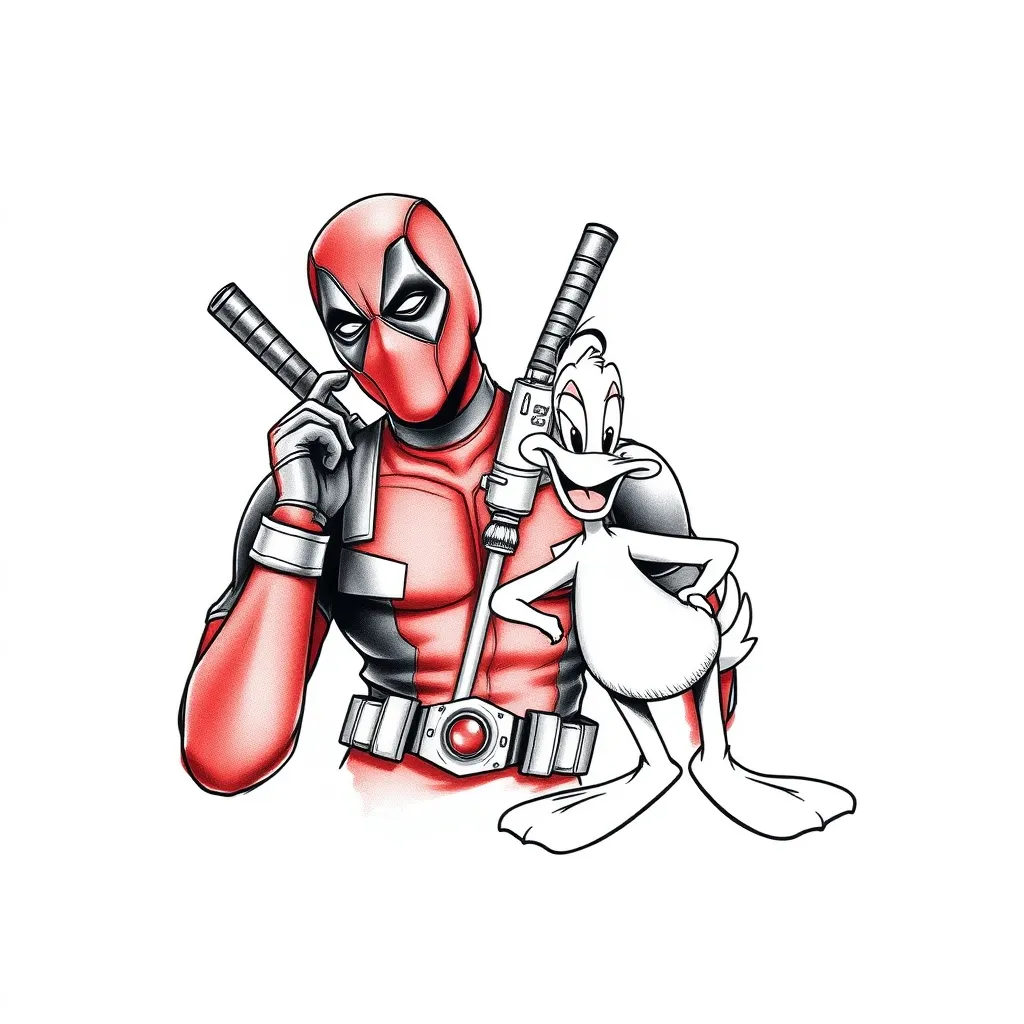 Deadpool posando con el pato Lucas  tattoo