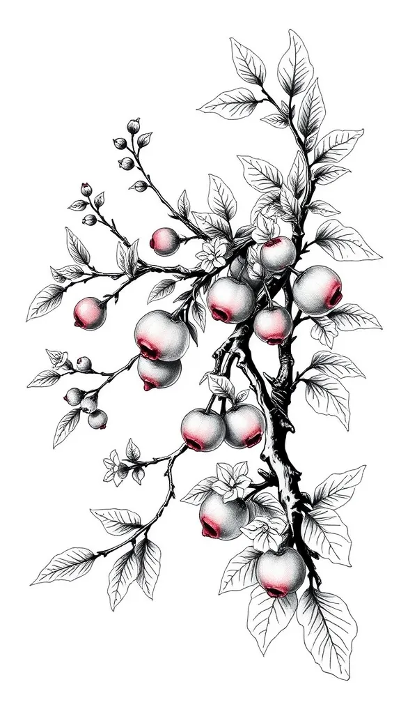 galhos de um pé de acerola delicados com frutas e algumas flores em preto e branco tattoo