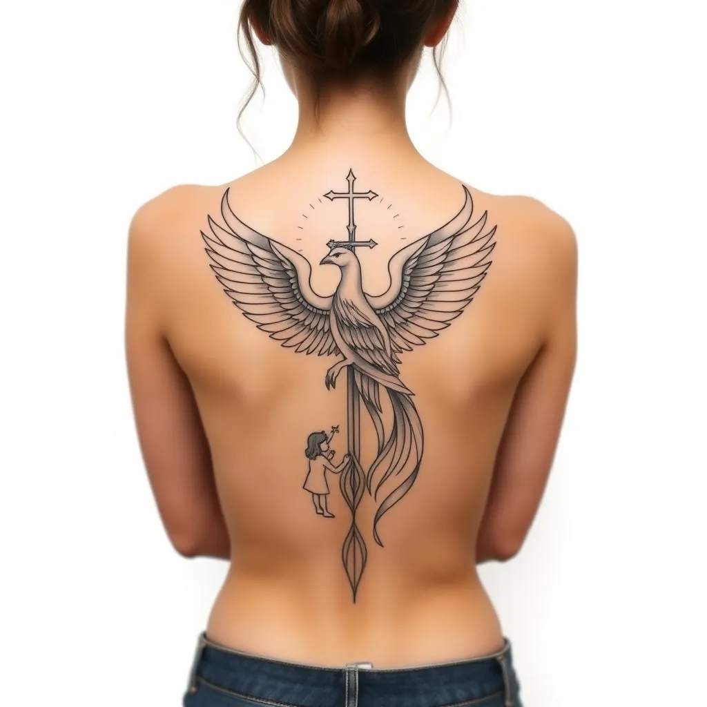  tatuagem feminina e delicada para as costas inteiras com a imagem da fênix com a cruz de jesus e maria e seus 2 filhos tattoo