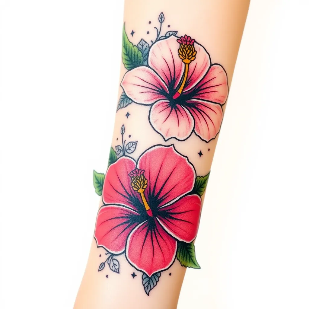 tatouage autour de l'avant bras, délicat, avec des fleurs d'hibiscus, de la dentelle ou dessin ornemental et des pattes de chat tattoo