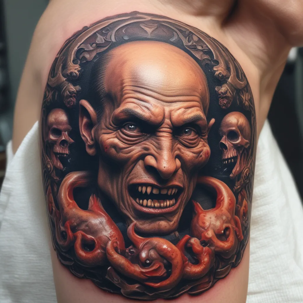 Demon, eating Putin's head in hell tattoo