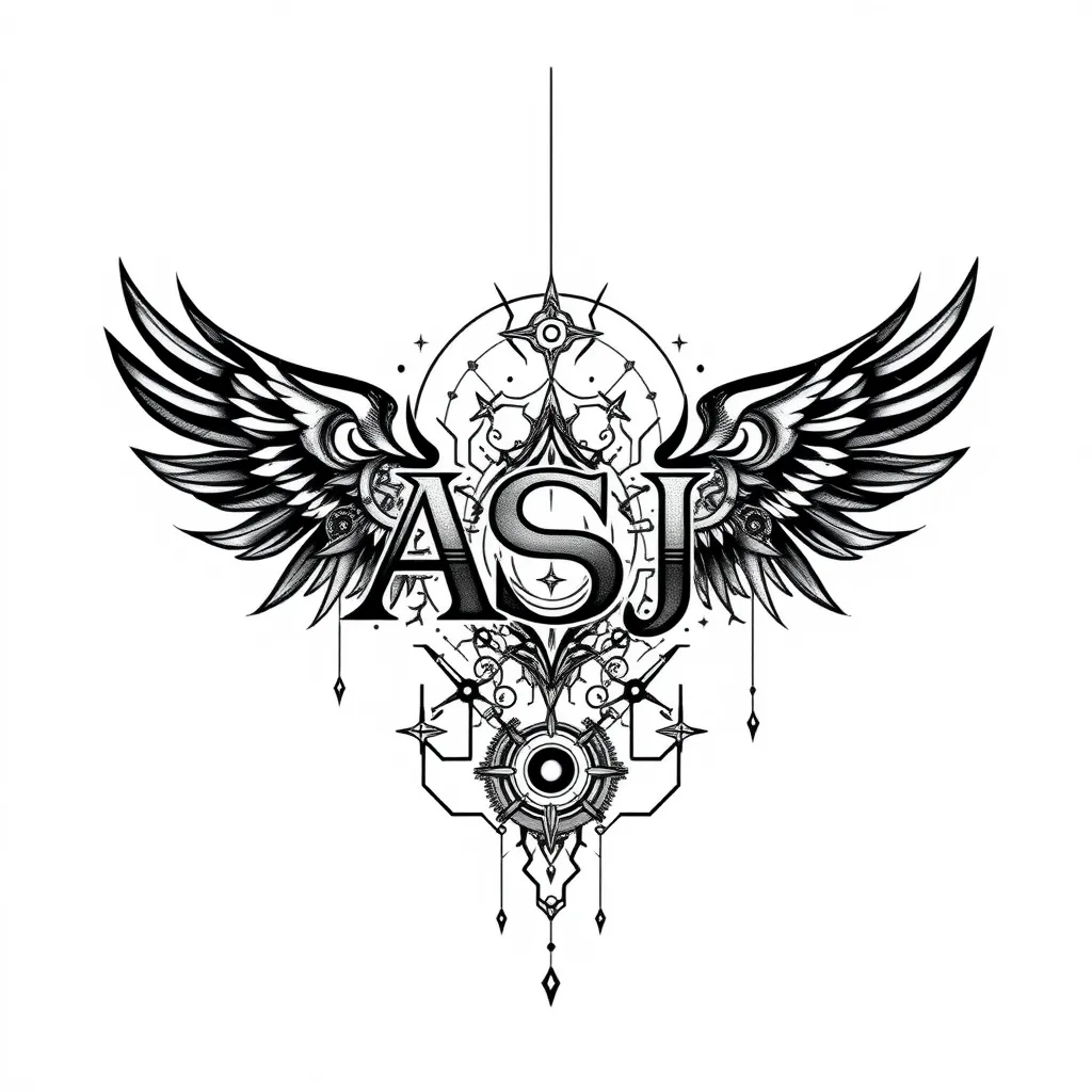 "Design a blackwork tattoo for a masculine right arm, centered around the letters 'ASJ' with a theme of divine technology. The tattoo should incorporate intricate black ink patterns that blend celestial and technological motifs, such as circuit lines, gears, and abstract energy flows. 'ASJ' should stand out as the focal point, encased in these technological elements to symbolize strength and protection. Avoid any human figures or wings; focus on creating a sleek, powerful design where celestial energy and advanced technology merge in black ink to convey a sense of divine guardianship and connection." tattoo