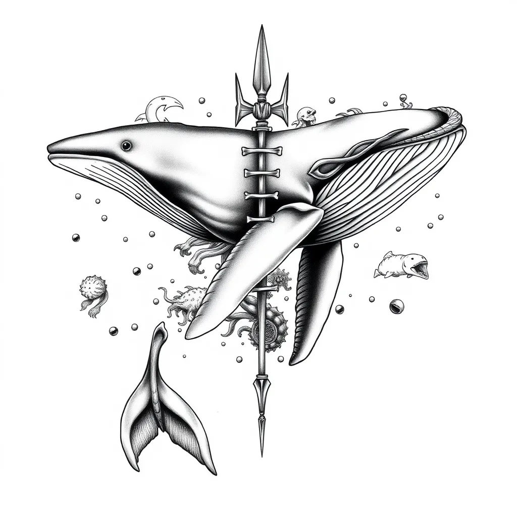 Design a full back tattoo with an underwater theme, featuring a large whale swimming across the back. The centerpiece should be a Poseidon-inspired spear made of bones, positioned along the spine to align with the spinal bones. The style should be Neo Traditional, with intricate detailing in black and white, capturing the depth of the underwater world. Include subtle elements like waves, water, and sea life around the whale to enhance the aquatic atmosphere tattoo