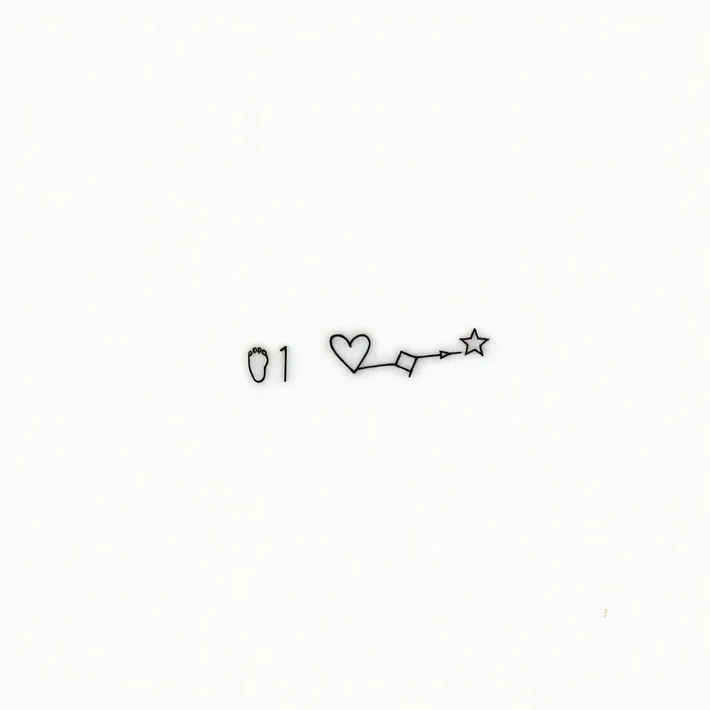 Design a minimalist fine-line tattoo that symbolizes two deeply personal milestones: a wedding in January and the birth of a daughter in September 2020. The design should be small, elegant, and subtle. Use symbolic elements like a delicate ring or intertwined initials for the wedding, and a small heart, star, or baby footprint for the birth. Consider incorporating minimal calendar icons (like a tiny '01' and '09'), subtle constellations, or a fine-line timeline connecting the two events. The overall look should feel harmonious, timeless, and emotionally meaningful, with no shading or bold lines – just delicate outlines in a cohesive flow. tatuering