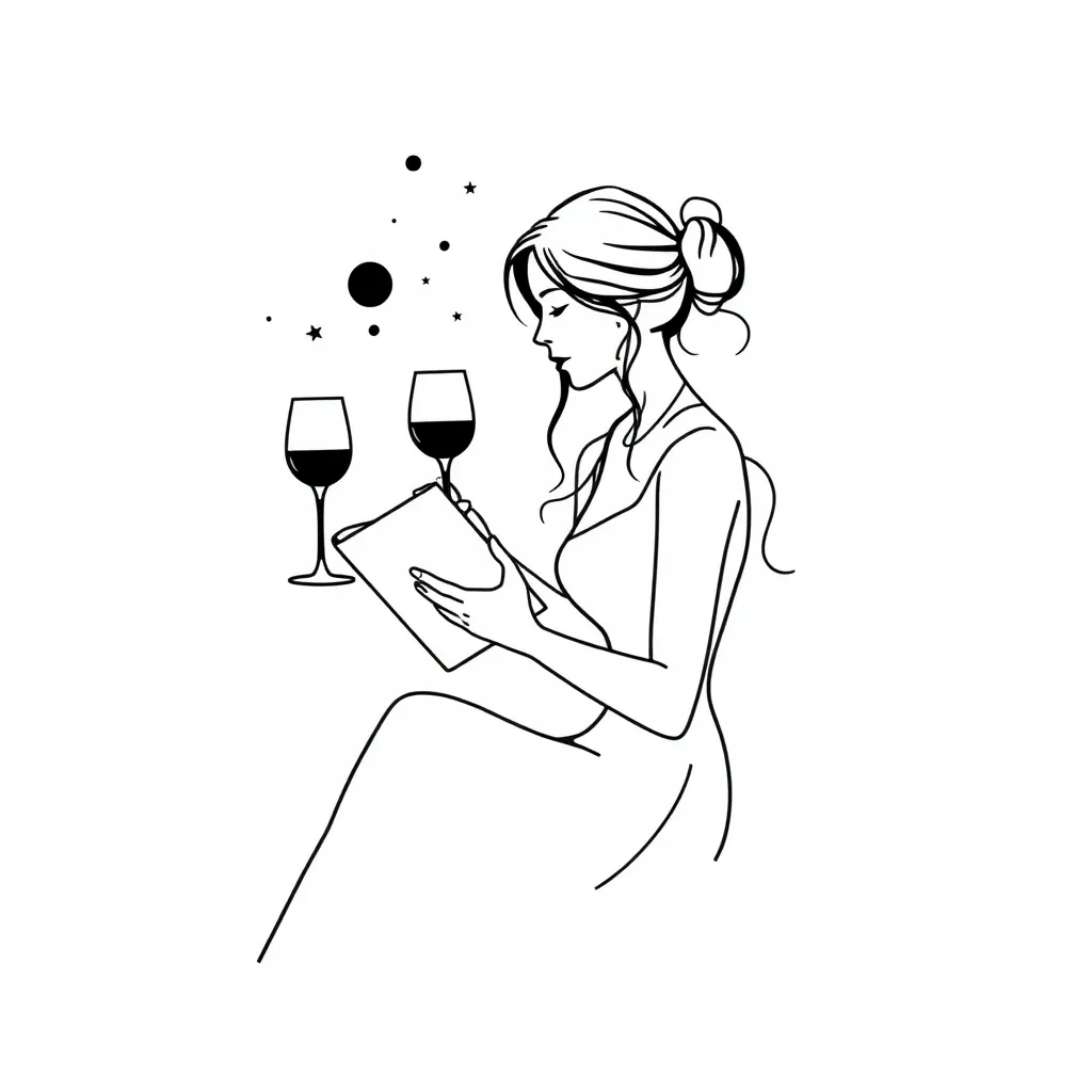 diseña un tatuaje de tipo silueta, estilo minimalista, de una mujer leyendo un libro y sosteniendo una copa de vino, donde del libro broten planetas y estrellas. el tatuaje debe ser diseñado solo con líneas, sin relleno, sin fondo y muy sutil tattoo