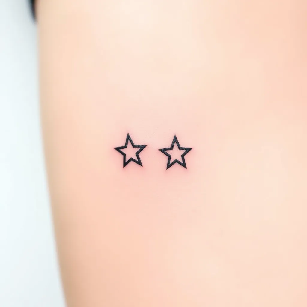 Diseña un tatuaje minimalista que contenga dos estrellas finas y simples, una ligeramente más grande que la otra, representando a tu padre y a ti. Incorpore las constelaciones de Leo para tu padre y Cáncer o Leo para ti, según tus signos zodiacales. Agrega un toque personal con un símbolo de agua discreto o un mate estilizado como fondo sutil. tatuaż