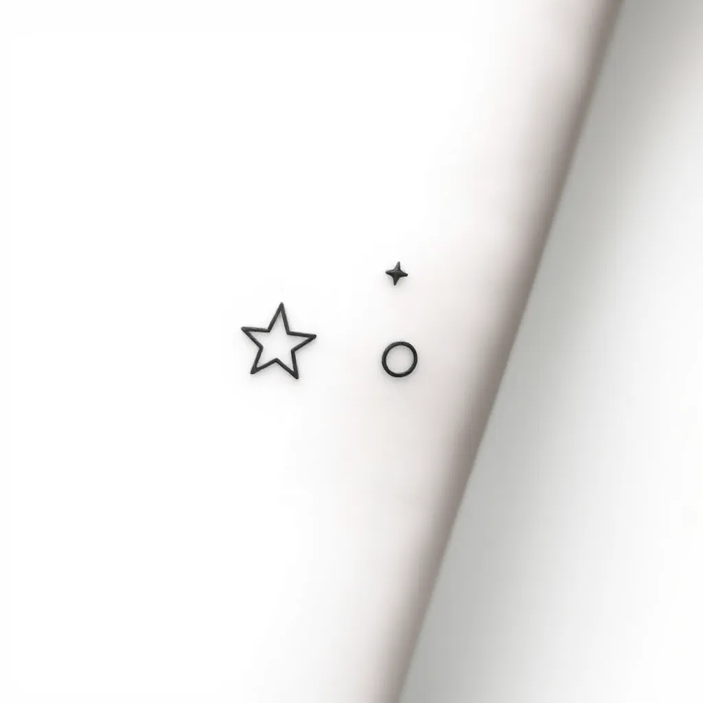 Diseña un tatuaje minimalista que contenga dos estrellas finas y simples, una ligeramente más grande que la otra, representando a tu padre y a ti. Incorpore las constelaciones de Leo para tu padre y Cáncer o Leo para ti, según tus signos zodiacales. Agrega un toque personal con un símbolo de agua discreto o un mate estilizado como fondo sutil. tatuaż