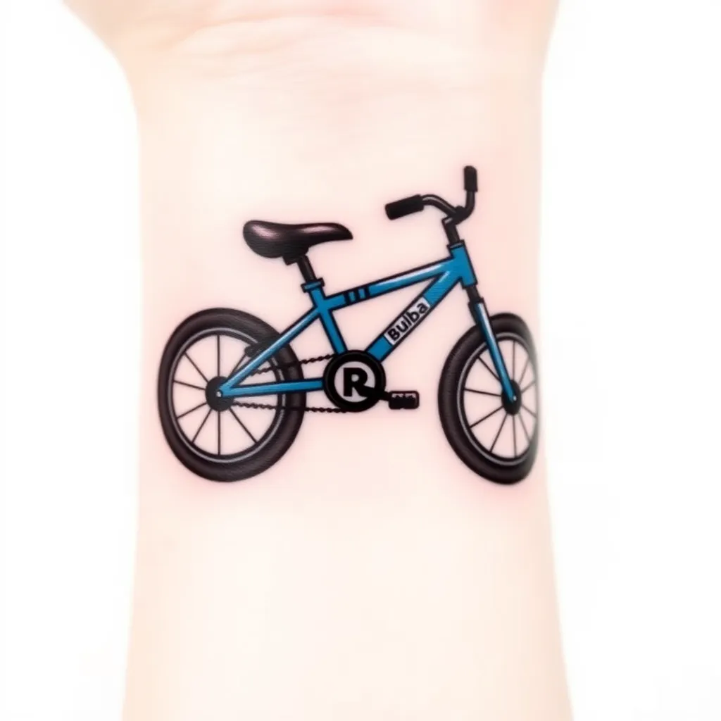 "Design a minimalist wrist tattoo for a parent honoring their son Rafael. The tattoo should feature a blue and black kid's balance bike, exactly like the Buba brand bike shown in the uploaded image. The bike should have wide black wheels, a blue frame, black seat and handlebars, and the 'Buba' logo clearly visible on the frame. The letter 'R' should be subtly incorporated into the bike’s design, either as part of the frame or another key element. The tattoo should be clean, simple, and fit within a 3-inch diameter, using fine lines and clear details."

 tattoo