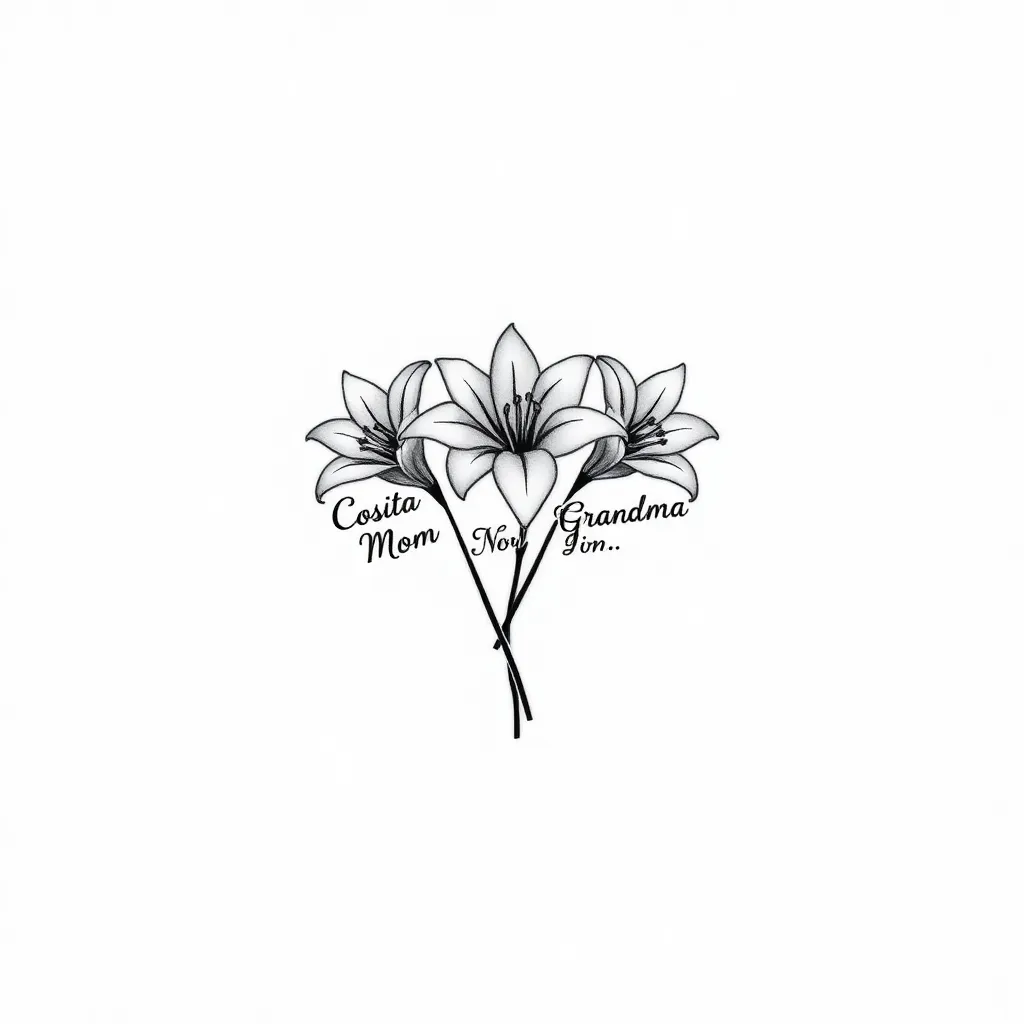 Genera un diseño de tatuaje pequeño, sencillo y delicado en blanco y negro de tres lirios blancos con sus tallos entrelazados y que cada tallo sea en cursiva las siguientes palabras, las cuales son: Cosita, Mamá, Abuela Norma
وشم