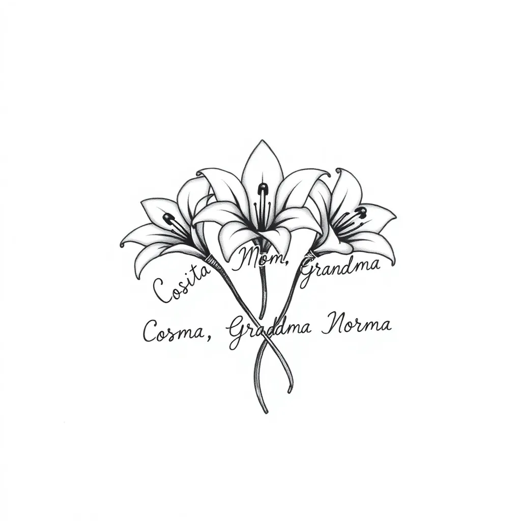 Genera un diseño de tatuaje pequeño, sencillo y delicado en blanco y negro de tres lirios blancos con sus tallos entrelazados y que cada tallo sea en cursiva las siguientes palabras, las cuales son: Cosita, Mamá, Abuela Norma
tattoo