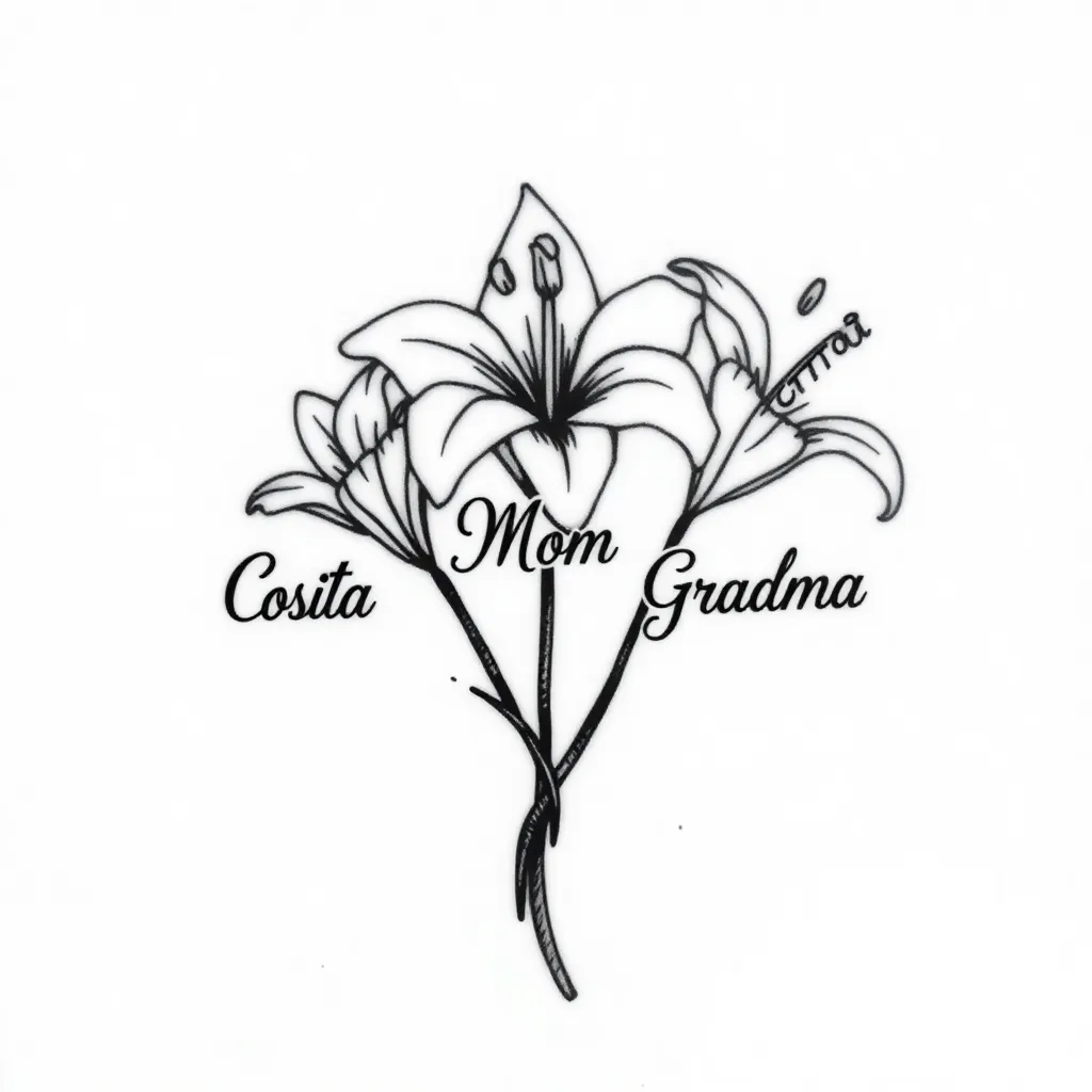 Genera un diseño de tatuaje pequeño, sencillo y delicado en blanco y negro de tres lirios blancos con sus tallos entrelazados y que cada tallo sea en cursiva las siguientes palabras, las cuales son: Cosita, Mamá, Abuela Norma
tatuaje