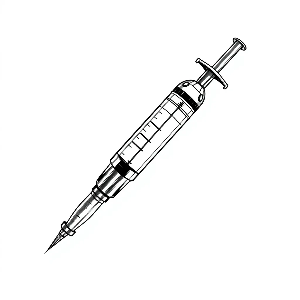 "Design a syringe with a shape resembling a bullet nose. The syringe should feature a cylindrical body that tapers into a smooth, conical tip, with soft curves transitioning from the cylinder to the cone. The base of the syringe should have ergonomic handles (similar to traditional syringes) for easy grip, and the plunger at the top should be sleek and functional. The overall design should be futuristic, with smooth surfaces and a polished, metallic or glossy finish. Focus on both functionality and aesthetic appeal, ensuring the design looks modern and innovative tattoo