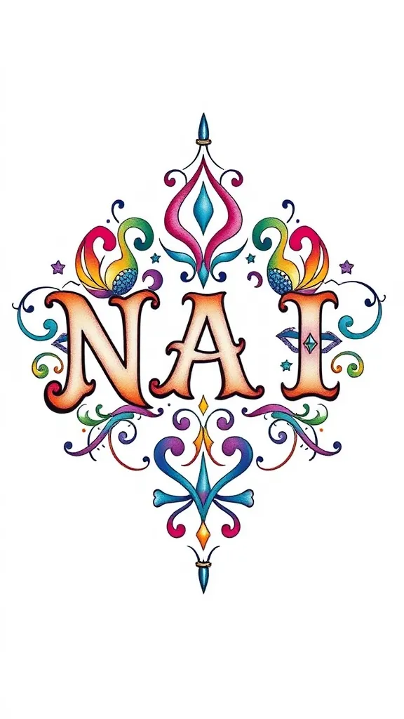 Design a tattoo composition featuring the word 'NAI' in the center, with the names 'Lovleen', 'Anaisha', and 'Rajbir' arranged around it in a Scrabble-like formation, using the shapes and curves of each name to connect to the word 'NAI' in a harmonious and visually appealing way. Please provide a detailed description and a visual representation of the design, including the font styles, sizes, and colors used for the names and the word 'NAI'. tattoo