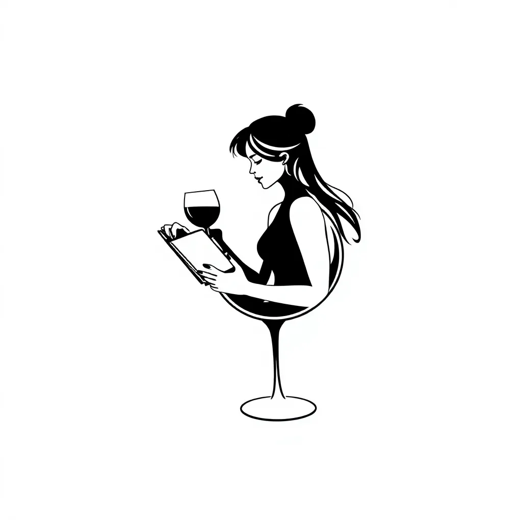 diseña un tatuaje estilo silueta de una mujer dentro de una copa de vino leyendo un libro en con diseño abstracto, sin rellano y fon fondos blancos  tatuointi