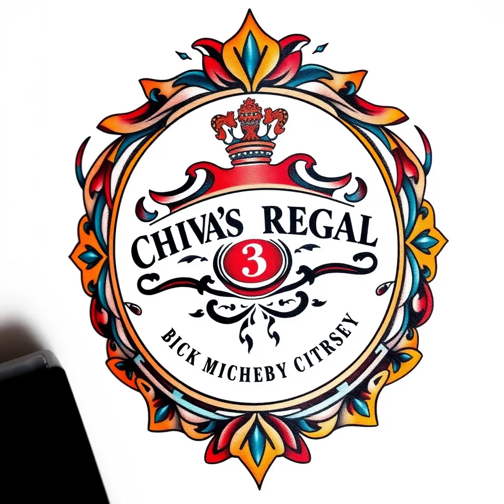 Diseña un tatuaje con el sello de la marca de whisky Chivas Regal en el que llame la atención que lleve el logo de esa marca con una plantilla sencilla para calcar, muy única y exclusiva. tetování