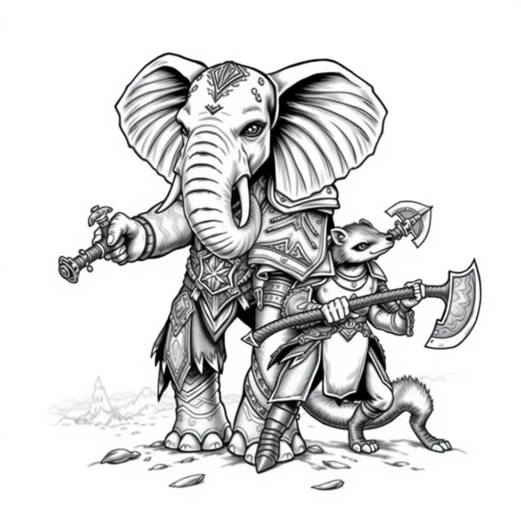 "Design a Warhammer-inspired tattoo of a female elephant and a male weasel, both depicted as fierce warriors. The female elephant should have a majestic and armored presence, standing upright with intricate, engraved armor plates. She wields a massive, double-sided battle axe. Her expression should radiate strength and wisdom. The male weasel, standing beside her, should have a cunning and agile demeanor, dressed in sleek, spiked armor that emphasizes speed and precision. He holds a single-edged axe in an aggressive stance. Both characters should be the same size, standing in a dynamic battle-ready pose. The background features a faint, war-torn battlefield with a dramatic, cloudy sky to emphasize the epic nature of the design. Use bold, dark outlines typical of Warhammer art, with shading and detailing that evoke a gritty and powerful tone."

 Tätowierung