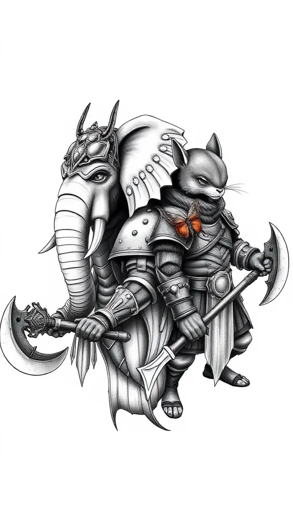 Design a Warhammer-style tattoo featuring two anthropomorphic warriors: a female elephant and a male weasel. Both characters are adorned in intricately designed armor with a mix of metallic and leather textures, rich with gold accents and layered plates.

The female elephant, on the left, has a large, robust build, exuding strength and protection. She holds a double-sided battle axe in one hand and wears a helmet that frames her large ears, symbolizing resilience and power. The male weasel, on the right, contrasts with a smaller but agile figure, his armor emphasizing mobility and precision. He wields a single-edged axe and strikes a bold, ready-for-battle pose.

Add a unique twist: each warrior has a bug resting on their face—perhaps a beetle on the elephant's cheek and a moth on the weasel’s brow. These bugs reflect their personalities: the beetle symbolizing strength and endurance, and the moth symbolizing stealth and adaptability.

Finally, merge these two bugs into a singular creative hybrid creature, combining elements from both insects into a fantastical, imaginative design. The background should feature a misty gray tone with dramatic shading and lighting to highlight the characters' gritty, fantasy-inspired aesthetics. tattoo