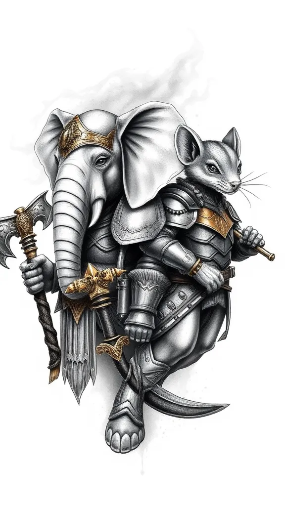 Design a Warhammer-style tattoo featuring two anthropomorphic warriors: a female elephant and a male weasel. Both characters are adorned in intricately designed armor with a mix of metallic and leather textures, rich with gold accents and layered plates.

The female elephant, on the left, has a large, robust build, exuding strength and protection. She holds a double-sided battle axe in one hand and wears a helmet that frames her large ears, symbolizing resilience and power. The male weasel, on the right, contrasts with a smaller but agile figure, his armor emphasizing mobility and precision. He wields a single-edged axe and strikes a bold, ready-for-battle pose.

Add a unique twist: each warrior has a bug resting on their face—perhaps a beetle on the elephant's cheek and a moth on the weasel’s brow. These bugs reflect their personalities: the beetle symbolizing strength and endurance, and the moth symbolizing stealth and adaptability.

Finally, merge these two bugs into a singular creative hybrid creature, combining elements from both insects into a fantastical, imaginative design. The background should feature a misty gray tone with dramatic shading and lighting to highlight the characters' gritty, fantasy-inspired aesthetics. tattoo