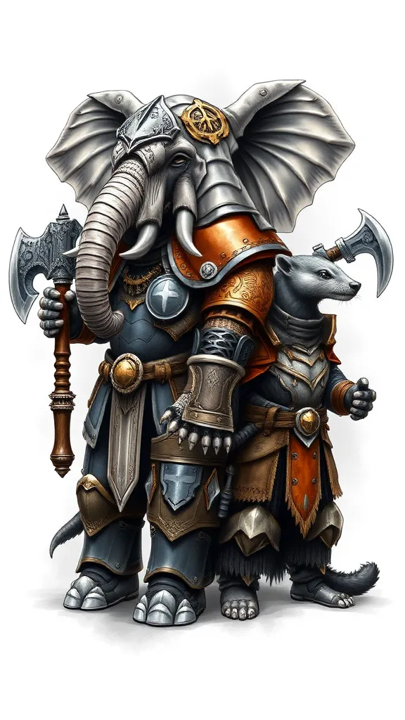 Design a Warhammer-style tattoo featuring two anthropomorphic warriors: a female elephant and a male weasel (or ferret). Both are clad in intricately detailed armor. The elephant warrior, on the left, has a commanding presence with a large, robust frame. Her armor combines metallic and leather elements with ornate gold accents and layered plate designs, emphasizing protection and strength. She wields a massive, double-sided battle axe in one hand and wears a helmet that complements her large ears.

The male weasel warrior, standing to the right, is smaller but exudes agility and confidence. His armor mirrors the elephant’s in style but is lighter, with steel and brown leather components that highlight speed and precision. He holds a single-edged axe and strikes a bold, battle-ready pose.

The background should feature a misty, neutral gray that enhances the characters’ vivid details, creating a fantasy aesthetic with dramatic shading and highlights to evoke an epic, Warhammer-inspired vibe. Use bold, clean outlines and detailed textures that emphasize the gritty and powerful nature of the characters. tatouage