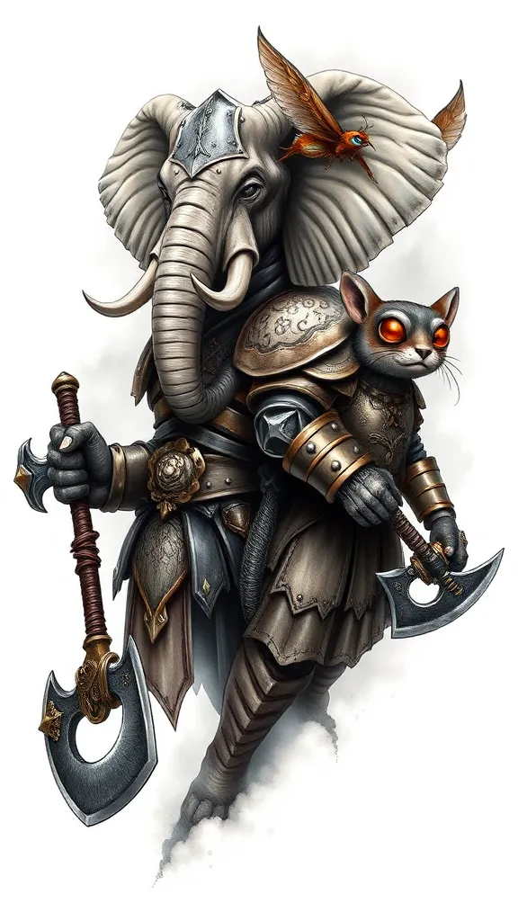 Design a Warhammer-style tattoo featuring two anthropomorphic warriors: a female elephant and a male weasel. Both characters are adorned in intricately designed armor with a mix of metallic and leather textures, rich with gold accents and layered plates.

The female elephant, on the left, has a large, robust build, exuding strength and protection. She holds a double-sided battle axe in one hand and wears a helmet that frames her large ears, symbolizing resilience and power. The male weasel, on the right, contrasts with a smaller but agile figure, his armor emphasizing mobility and precision. He wields a single-edged axe and strikes a bold, ready-for-battle pose.

Add a unique twist: each warrior has a bug resting on their face—perhaps a beetle on the elephant's cheek and a moth on the weasel’s brow. These bugs reflect their personalities: the beetle symbolizing strength and endurance, and the moth symbolizing stealth and adaptability.

Finally, merge these two bugs into a singular creative hybrid creature, combining elements from both insects into a fantastical, imaginative design. The background should feature a misty gray tone with dramatic shading and lighting to highlight the characters' gritty, fantasy-inspired aesthetics. 문신