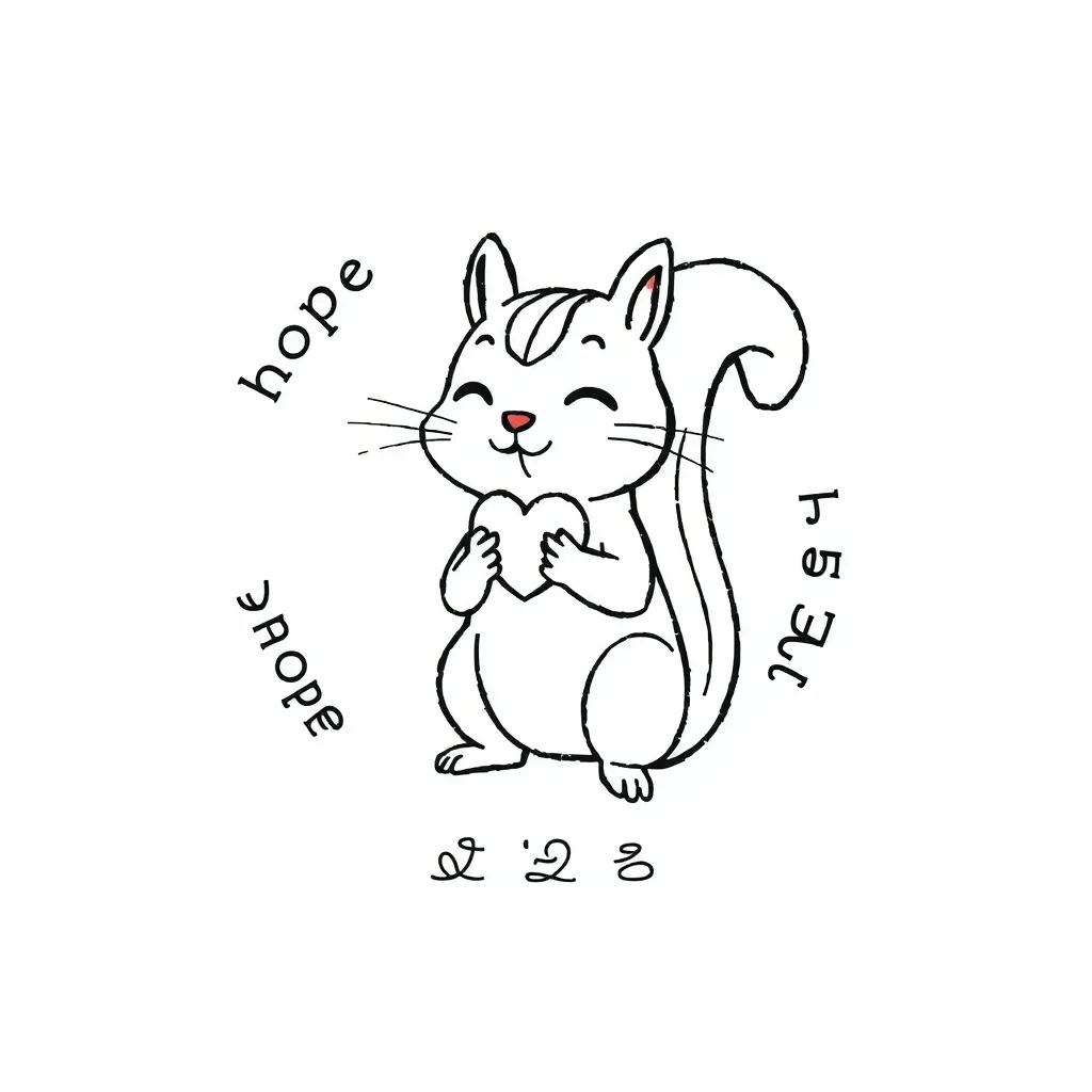 现在要求你在网上搜索bt21的“mang”动画形象，设计一个原创图像，要求保持松鼠外形和爱心嘴等外貌特点，用于长宽比1:1的纹身贴（因此只需要黑色线条绘画），左手举阿米棒应援棒。周围可以排上“hope on the stage”“JHOPE”等字样，加上花边形成圆形边框 tetování