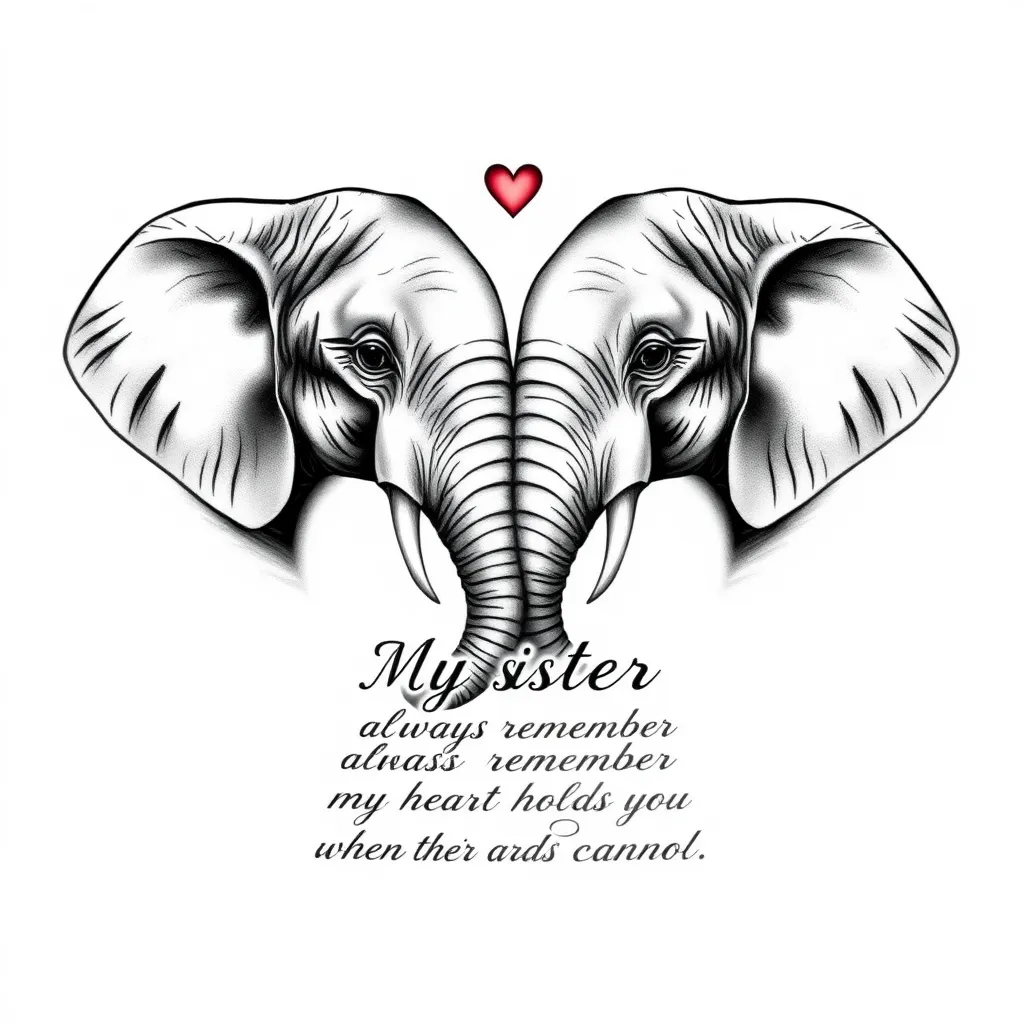 Design Concept: "Sisterly Love"
Realistic Heart-Shaped Elephant Heads:
Two elephant heads, facing each other, form a heart shape.
Intricately detailed wrinkles, folds, and textures give the design a realistic look.
The elephant heads are intertwined, symbolizing the unbreakable bond between sisters.
Intertwined Trunks:
The trunks are wrapped around each other, forming a sense of unity and connection.
The trunks can be designed to be slightly curved, creating a sense of movement and fluidity.
Realistic Shading:
Soft, gradient shading gives the design depth and dimension.
The shading can be adjusted to create a sense of volume and texture.
Font and Quote:
The quote "My sister always remember my heart holds you when my arms can not" is placed in a curved line above or below the heart-shaped elephant heads.
A elegant, cursive font (such as Pacifico or Great Vibes) is used to match the emotional and sentimental tone of the quote. τατουάζ