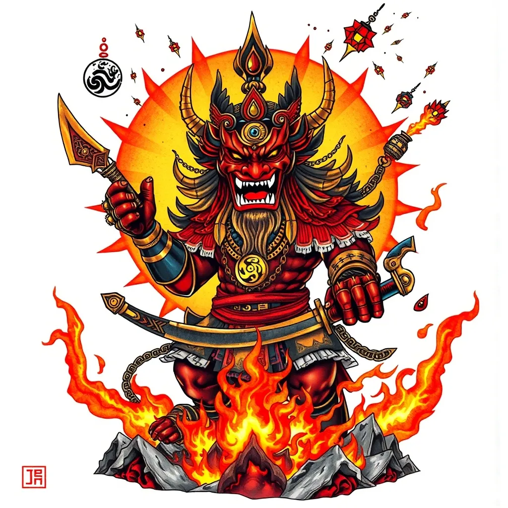 设计细节**
**1. 主视觉:**
- **不动明王忿怒相**:
- 三目圆睁,獠牙外露,手持金刚剑(斩业障)与索链(缚小人)。
- **火焰背光**:巨大日轮状烈火,边缘融入密宗梵文(六字真言“嗡嘛呢呗美吽”)。
**2. 背景元素:**
- **地狱熔岩池**:明王脚下踩碎裂的冰山(破你八字水旺),岩浆流淌成“戊”字暗纹。
- **星辰陨落**:背景上方散落燃烧的陨石(土火双属性),象征“天劫淬炼,逆天改运”。
**3. 色彩方案:**
- **主色**:深红(火焰)、黑金(明王铠甲)、橙黄(熔岩高光)。
- **禁忌色**:完全避开蓝、绿、灰(水木属性)。
**4. 隐藏玄机:**
- 明王额头第三只眼藏你的生日数字“2000.11.16”(用玛雅数字符号)。
- 金刚剑刃上刻微型符咒(八字用神“丁火”的甲骨文)。 入れ墨