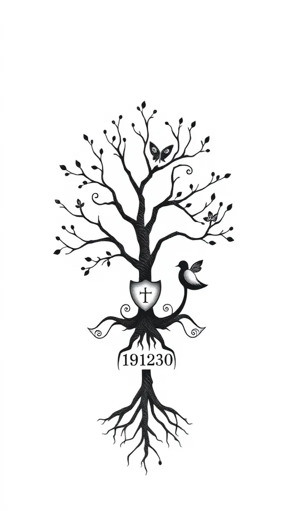 Design d’un tatouage familial pour trois personnes (deux frères et une sœur) symbolisant les liens familiaux. Un arbre stylisé avec trois branches principales représentant chaque membre de la fratrie. La branche la plus haute et solide symbolise le frère aîné, avec un bouclier ou un soleil à sa base pour représenter la protection. Une branche intermédiaire représente le frère cadet, avec un oiseau en vol pour symboliser la croissance. La plus petite branche, délicate, représente la sœur, ornée d’une fleur ou d’un papillon pour évoquer l’épanouissement. Les racines de l’arbre incluent une date importante ou un mantra familial comme ‘Toujours unis’. Le design doit être harmonieux, symbolique, et facilement adaptable pour chaque membre. tatoeage