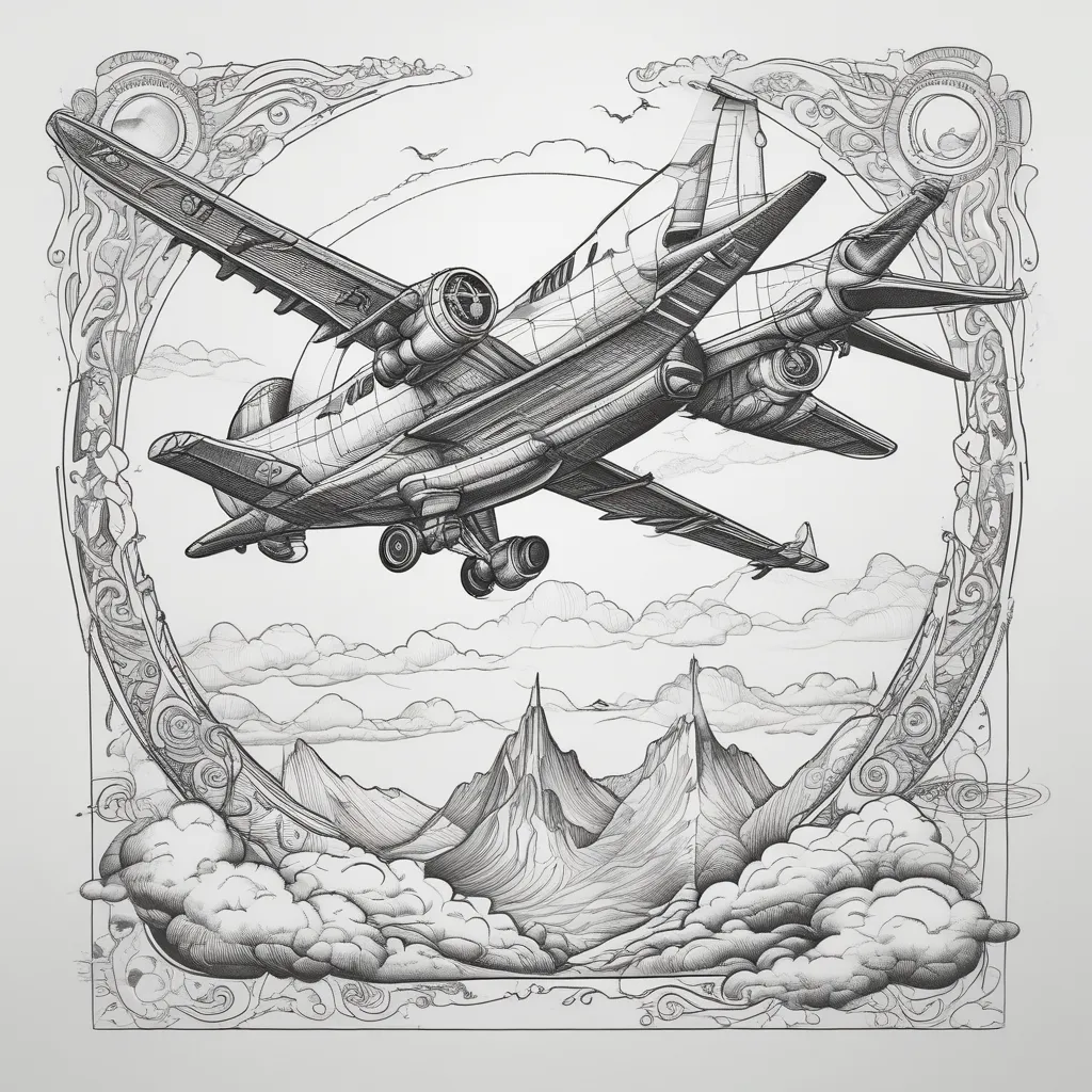 Designing a symbolic tattoo design with a design of an airplane. The design should be with rapid .the sketch should be minimal .the airplane in the sky position. navigation in the picture showing north . the sketch without any color. the picture is black and white. this sketch for tattoo. i dont need any shadow in picture. everything should showing with lines and minimal.  tatuointi