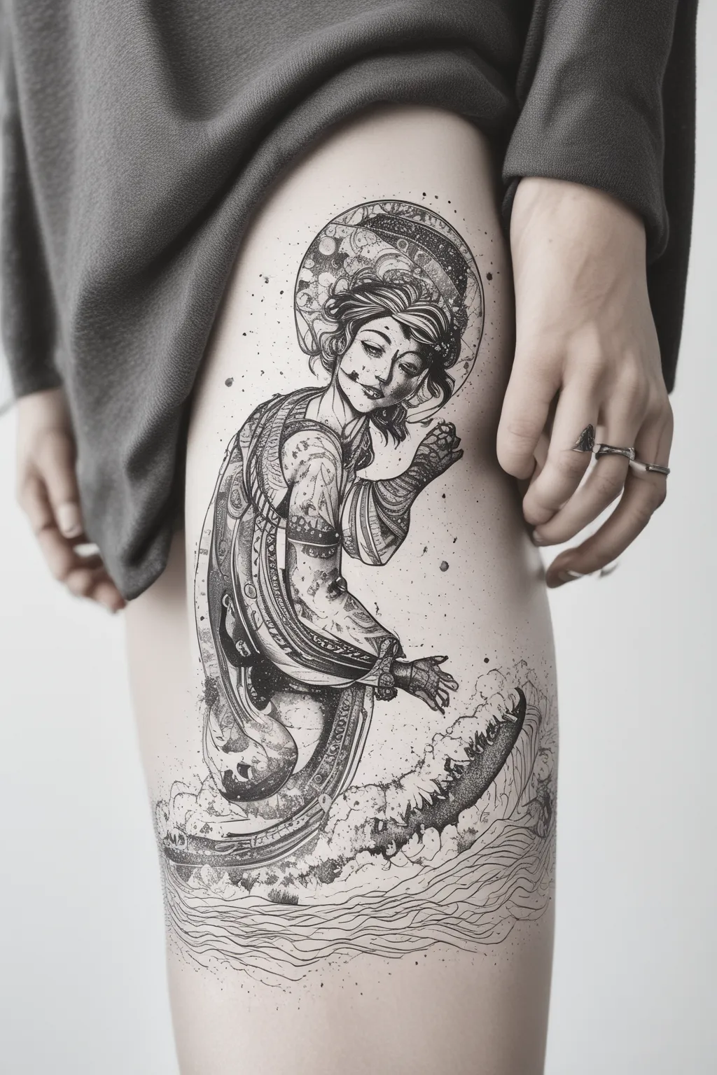 Desenvolver uma tatuagem exclusiva para o antibraço feminino esquerdo, utilizando traços finos e a técnica de pontilismo. O design deve combinar os temas de surf, tecnologia e futebol, com uma estética feminina e delicada, incluindo áreas claras татуировка