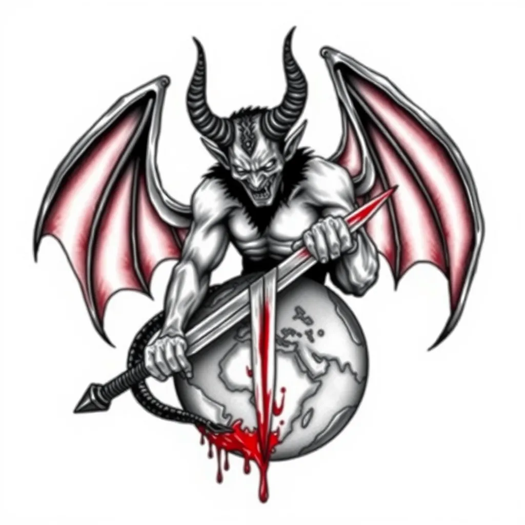 devil with sword of blood on world τατουάζ