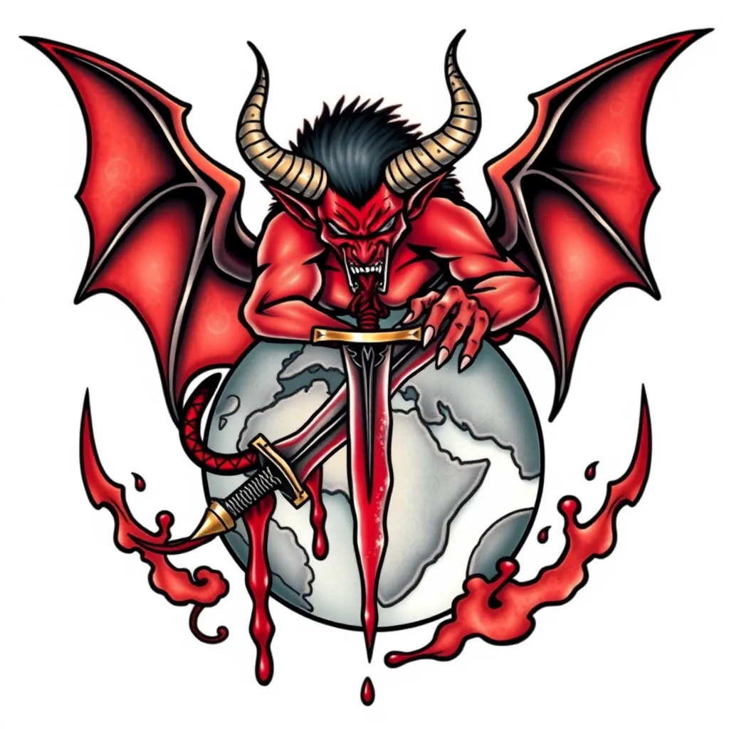 devil with sword of blood on world tattoo