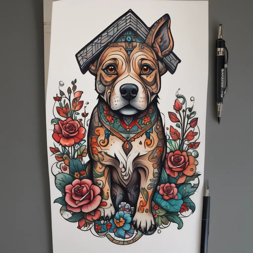 Dog, house, coloured  tatouage