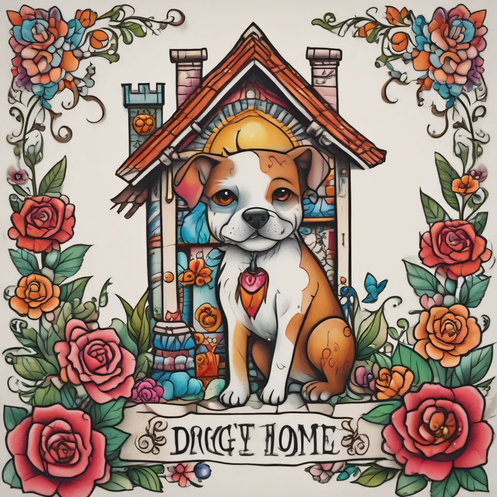 Dog, house, coloured, home sweet home text tatuaż