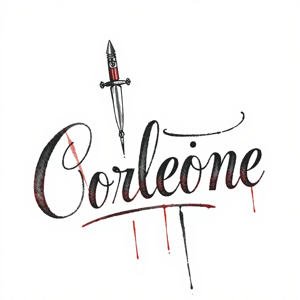Don Vito Corleone 模仿意大利语手写体，参考20世纪40年代纽约意大利移民的书写习惯（连笔、斜体、尾部拉长）。
•姓氏 "Corleone" 作为主体，名字 "Vito"缩小融入首字母装饰中。
2. 象征元素融合
•首字母“V"设计：用权杖或匕首替代传统笔画，象征权力与威慑。
•字母末端细节：在"e" 的收尾处融入微型橄榄枝或子弹轮廓（二选一）。
•隐藏符号：在字母阴影中嵌入极简十字架或西西里三曲腿图（Trinacria）。
3.墨水质感
•模拟钢笔签名的飞白效果，部分笔画用暗红色点缀（隐喻血契或家族纽带）。
•底部添加褪色墨迹，仿佛年代久远的羊皮纸契约。 tatoeage