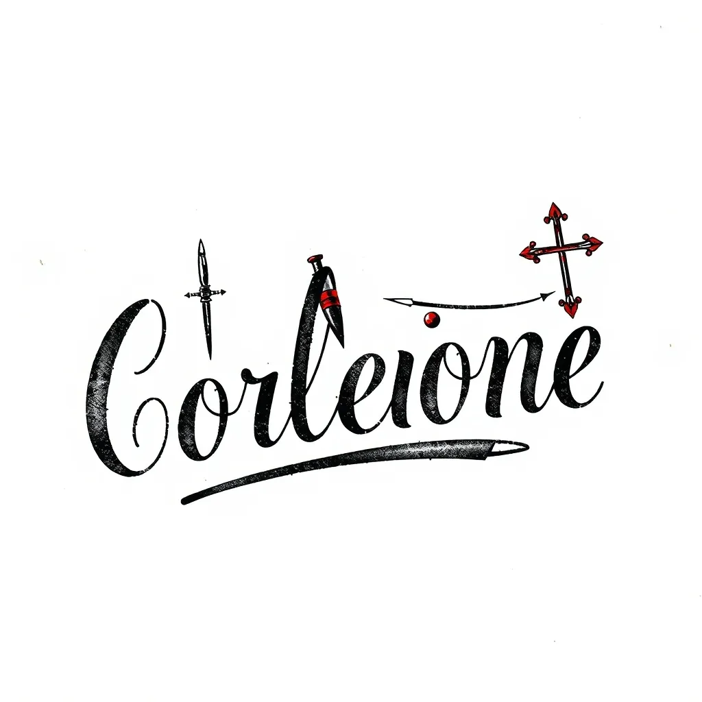 Don Vito Corleone模仿意大利语手写体,参考20世纪40年代纽约意大利移民的书写习惯(连笔、斜体、尾部拉长)。
•姓氏 "Corleone" 作为主体,名字 "Vito"缩小融入首字母装饰中。
2. 象征元素融合
•首字母“V"设计:用权杖或匕首替代传统笔画,象征权力与威慑。
•字母末端细节:在"e" 的收尾处融入微型橄榄枝或子弹轮廓(二选一)。
•隐藏符号:在字母阴影中嵌入极简十字架或西西里三曲腿图(Trinacria)。
3.墨水质感
•模拟钢笔签名的飞白效果,部分笔画用暗红色点缀(隐喻血契或家族纽带)。
•底部添加褪色墨迹,仿佛年代久远的羊皮纸契约。 tattoo