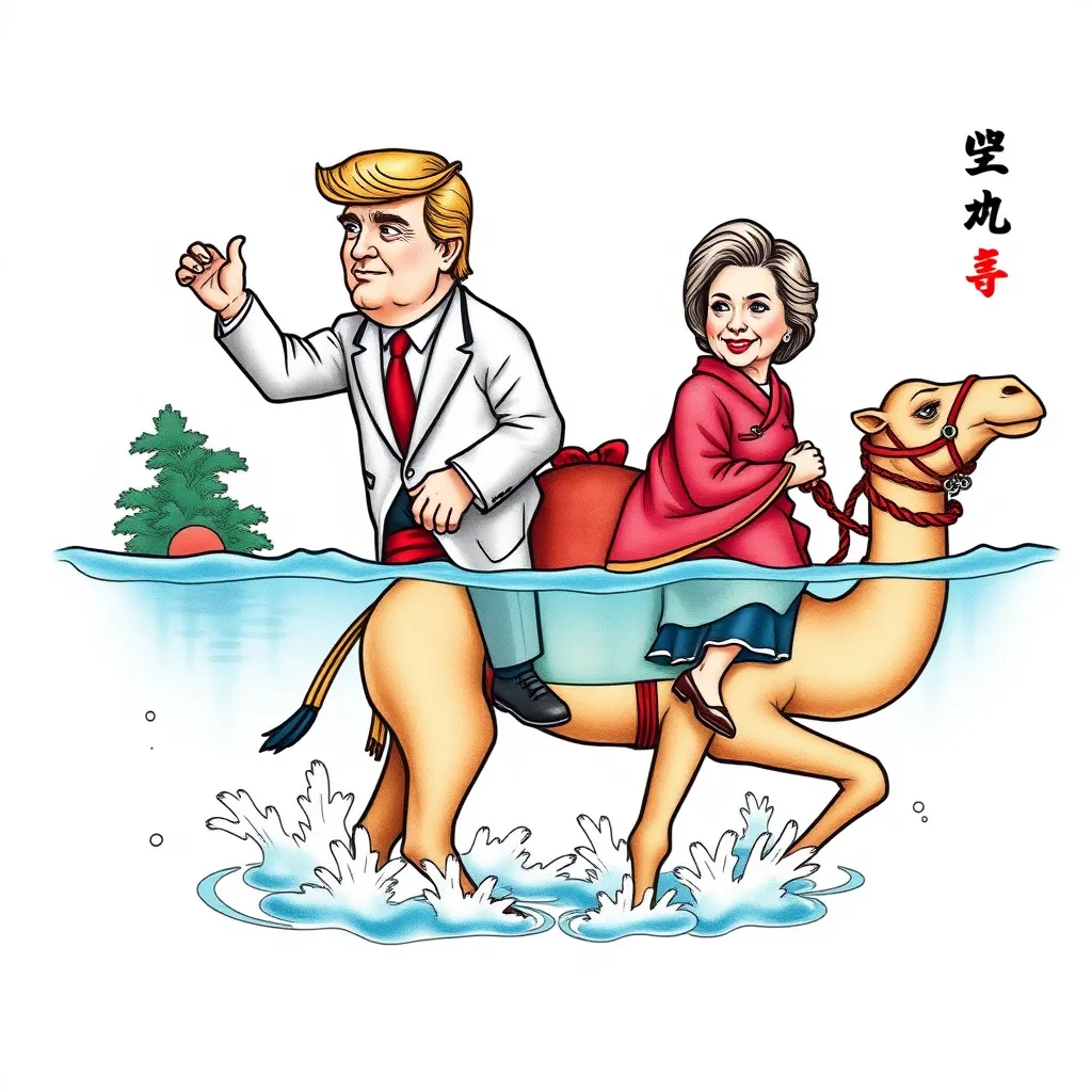 Donald Trump and hilary clinton riding a camel in a water park tattoo